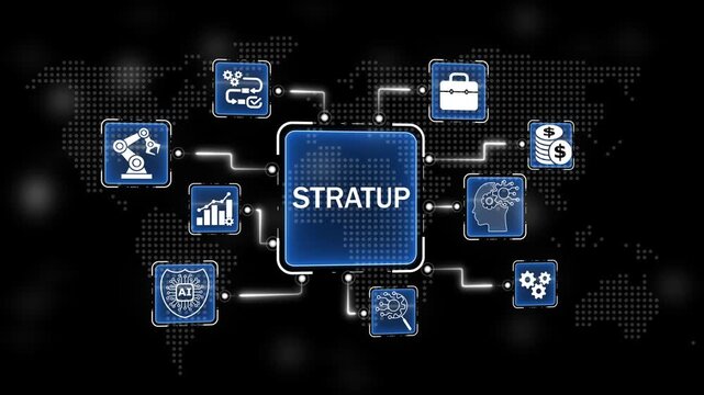Strat up System Concept for Business Technology and Digital Information Network. Connected icons scanning concept on world background. 4k video