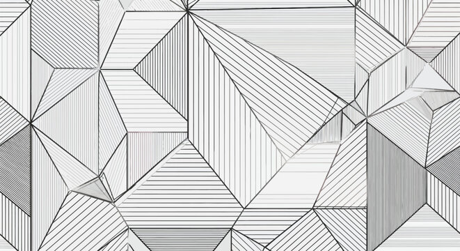 Visually striking abstract geometric pattern featuring an intricate network of interconnected polygons and triangles filled with varying line orientations, creating a modern monochrome design.