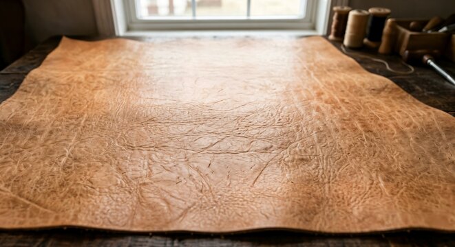 Close-up of a large piece of natural tanned leather on a rustic wooden workbench