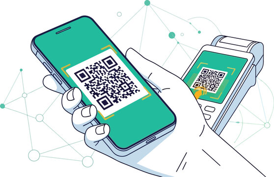 Hand holding a smartphone displaying a QR code for secure mobile payment, being scanned by a modern POS terminal for seamless digital transactions.