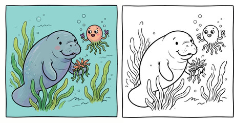 Obraz premium Manatee and Octopus Friends Coloring Page