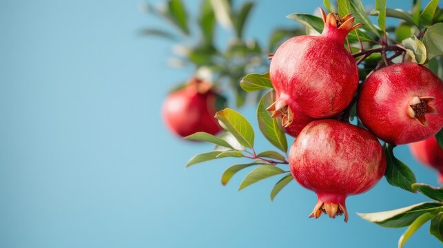 Pomegranate tree with ripe fruit hanging from branches under a clear blue sky, showcasing a bountiful harvest.