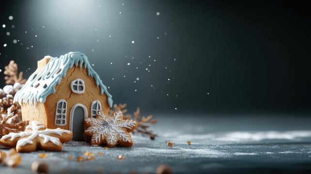 Dramatic image of a haunted house gingerbread cookie, colorful icing glowing under a beam of light.