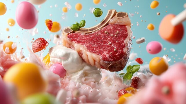 A whimsical scene with a T-bone steak, exaggerated grill marks, and garlic butter, surrounded by colorful, playful elements and garnishes.