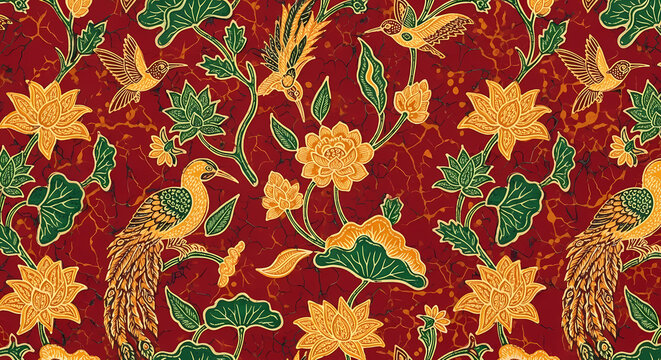 Authentic Indonesian batik pattern from Madura, known as Batik Gentongan. Featuring bold, vibrant colors with intricate bird and floral motifs. This ethnic design showcases the rich cultural heritage 