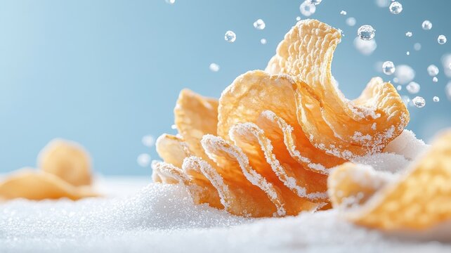 Extreme close-up of textured chip with salt on conveyor