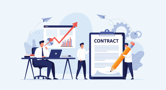 Professional businessmen collaborate on a formal legal contract while tracking company growth through financial charts and graphs.
