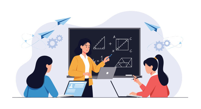 Female teacher using a laptop while explaining complex geometric formulas to students in a modern and bright classroom setting.