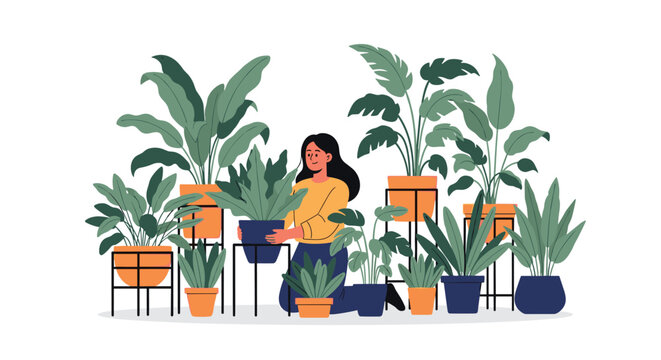 Happy woman kneeling among a lush collection of potted houseplants, enjoying her hobby of gardening and caring for nature at home.