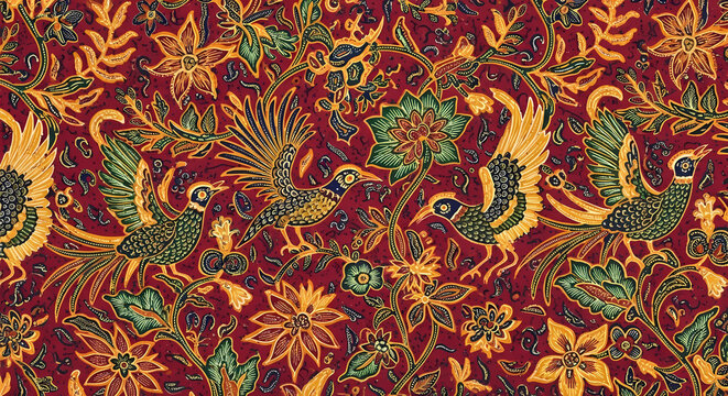 Authentic Indonesian batik pattern from Madura, known as Batik Gentongan. Featuring bold, vibrant colors with intricate bird and floral motifs. This ethnic design showcases the rich cultural heritage 