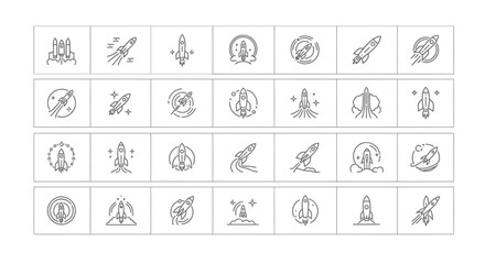 Rocket Icons Collection: Space Exploration, Launch, and Future Technology Line Art © raka