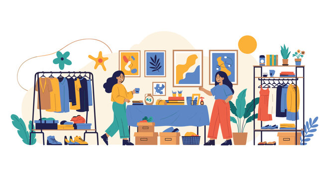 Fashionable women exploring a variety of unique clothing and home decor items in a cozy and well curated thrift store boutique.