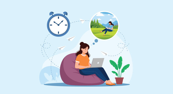 Tired woman working on a laptop at home while dreaming about relaxing and traveling in a beautiful mountain landscape during her break.