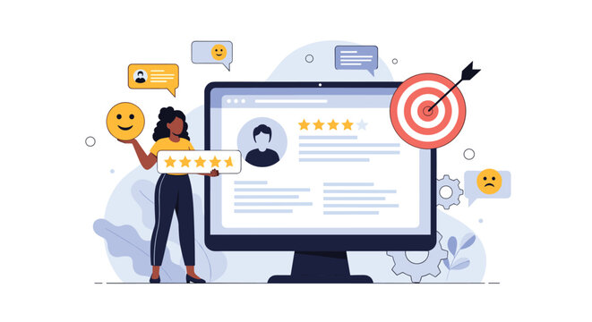 Businesswoman giving a positive customer review and five star rating on a digital screen to improve online reputation and brand identity.