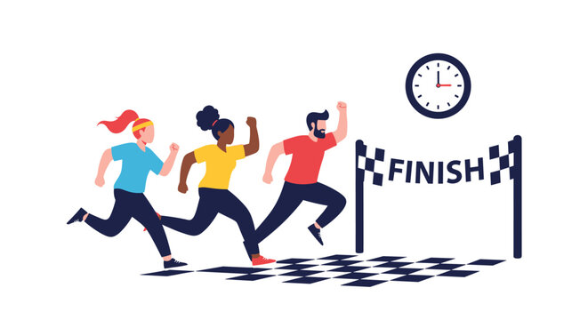 Group of diverse athletes competing in a race and running toward the finish line to achieve success and reach their fitness goals.
