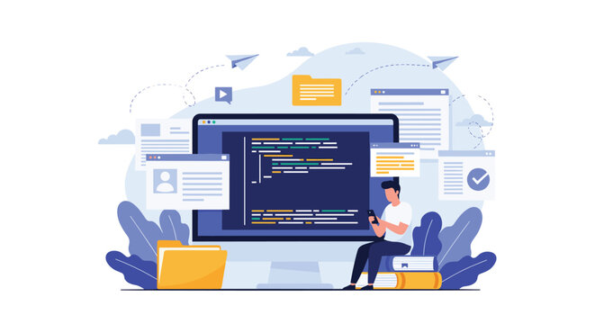 Computer programmer sits on a stack of books while working on code displayed on a large monitor with various app icons around him.