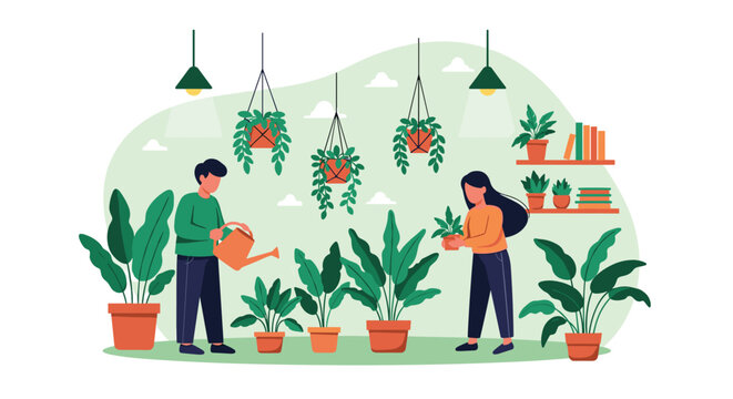 Man and woman work together to nurture a collection of indoor plants in a stylish home garden filled with hanging pots and shelves.