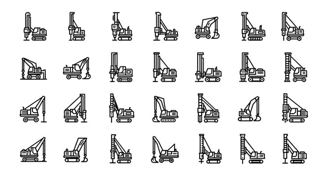Construction Machinery Icons: Excavator, Crane, Drilling Rig, Bulldozer, Loader - Vector Set