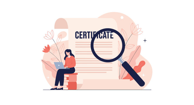 Woman sits on a pile of books while working on a laptop in front of a giant educational certificate viewed through a magnifying glass.