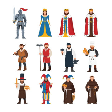 Medieval Characters Set Including Royalty and Tradespeople.