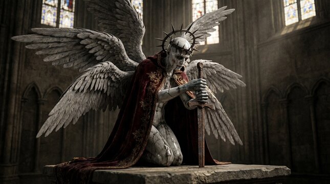 A winged figure with a thorny crown kneels with a sword inside a gothic cathedral, looking down.