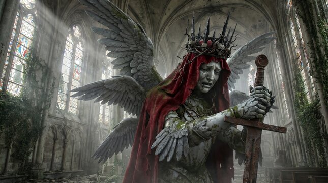 A winged statue with a skull crown weeps, holding a sword in a ruined cathedral with stained glass windows.