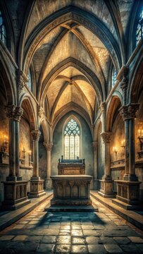 A photo of an ancient churchs crypt with a large, faded stone altar in the center, surrounded by rows of narrow, arched windows and intricate carvi