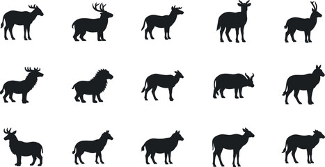 Obraz premium Black farm animal silhouette icon set featuring cow goat sheep horse and deer for agriculture and livestock design use