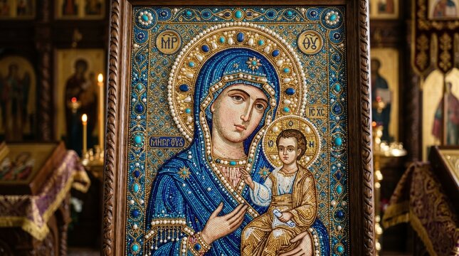 An ornate Byzantine icon depicts the Virgin Mary holding the Christ Child, intricately beaded with gold and blue, set within a church.