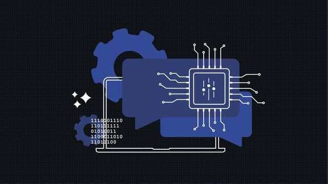 Data processing animation with AI chip, binary code and machine learning workflow. Computing interface. Data processing seamless loop motion for technology platforms. Motion graphic animation