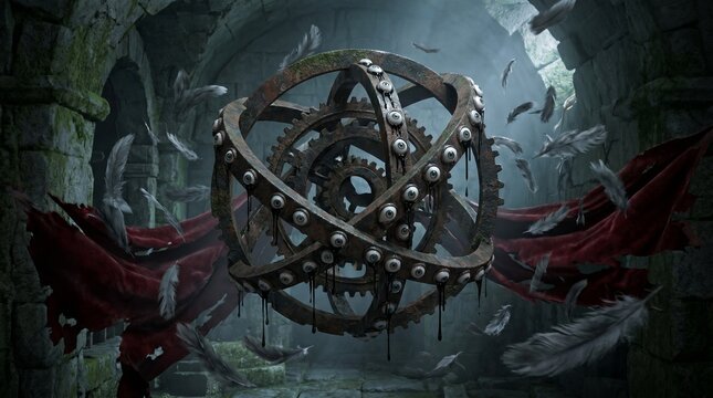 A mechanical orb covered in eyes and dripping black liquid floats amidst falling feathers and tattered red fabric inside a stone structure.