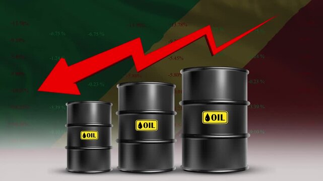Republic of the Congo flag with oil barrels and red downward arrow falling crude prices economic decline