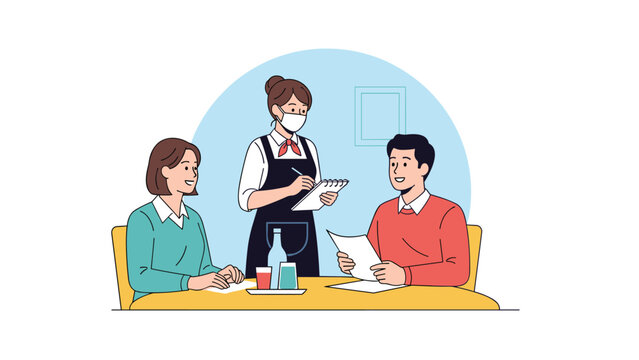 Professional waitress wearing a face mask and apron takes a food order from a seated couple in a clean restaurant setting.