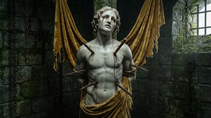 Fototapeta premium A marble statue of a man with nails piercing his torso and blood dripping from his eyes, draped in gold fabric.