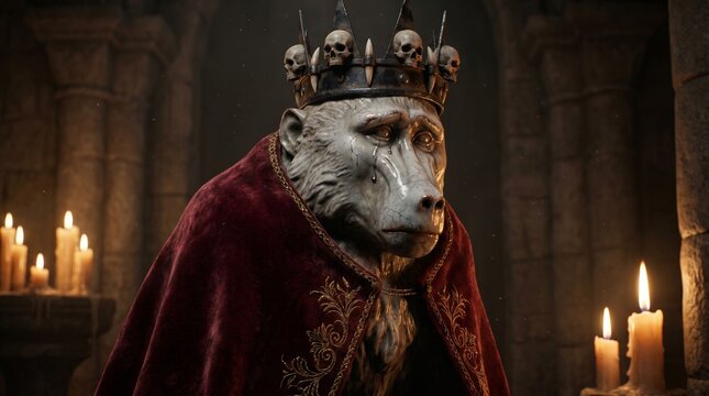 A baboon wearing a crown adorned with skulls and a red, embroidered cape, with tears streaming down its face.