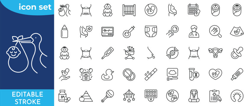 Pregnancy Line Icons set. Editable stroke. Contain icons related to motherhood, fertility, hormone therapy, medical examination, and more.