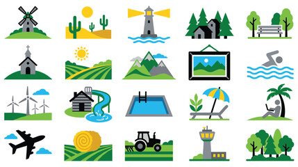 Obraz premium Set of travel landmarks, landscape views, and entertainment for vacation.