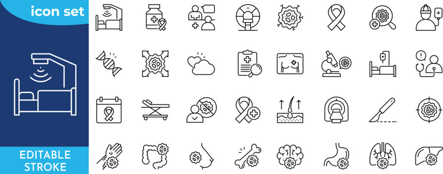 Cancer outline editable icon set. Editable stroke. Contain icons related to oncology, tumor, ribbon, types of cancer, medical treatment, and more.
