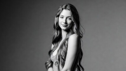 Naklejka premium Young woman posing in black and white studio portrait