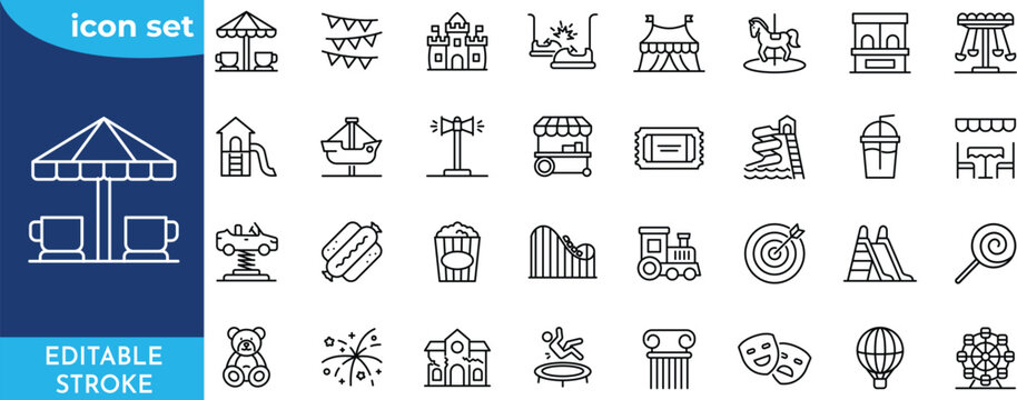 Amusement park line icon set. Editable stroke. featuring Circus, roller coaster, ferris whell, street food, and more .