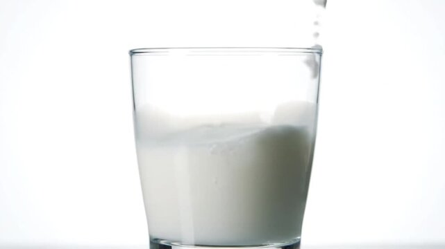 A refreshing stream of wholesome white milk pours smoothly into a transparent glass, creating a gentle splash against a clean, vibrant backdrop