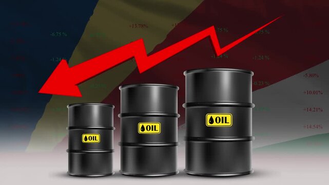 Seychelles flag with oil barrels and red downward arrow falling crude prices economic decline