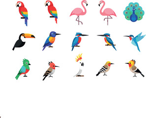 Fototapeta premium Colorful exotic bird icon set with parrot flamingo peacock toucan kingfisher finch flat vector illustration collection