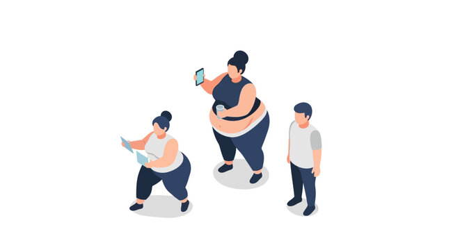 Isometric illustration of diverse people, including plus-size individuals, posing.