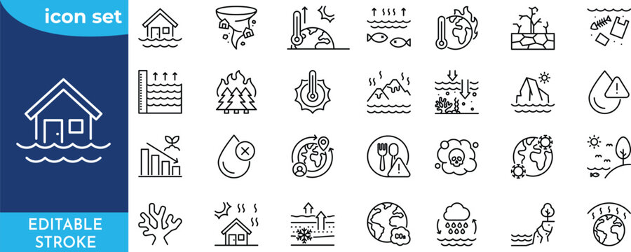 Global Warming line icon set. Editable stroke. Contain icons related to climate change, ecology, environmental disaster, polution, and more.