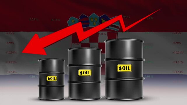 Croatia Flag with Oil Barrels and Red Downward Arrow Falling Crude Prices Economic Decline