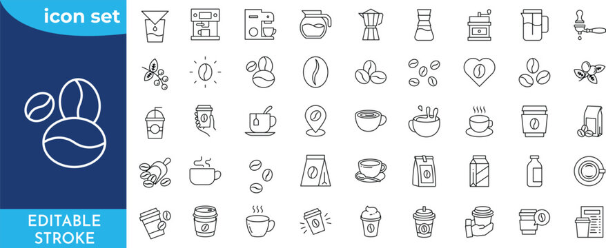 coffee icon set. Editable stroke. Contain icons related to coffee, mug, coffee cup, coffee machine, coffee beans, and more. Outline Icon Collection.