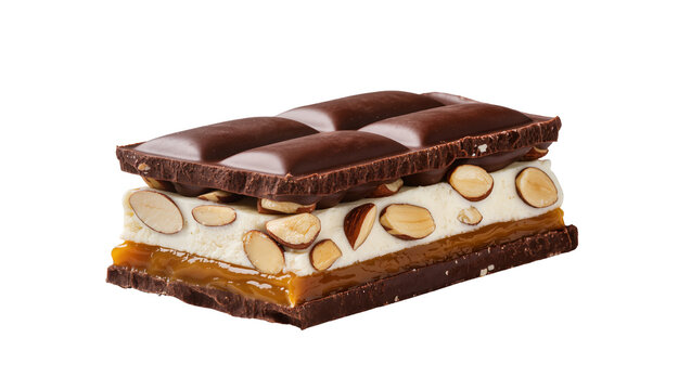 Layered chocolate bar with nougat caramel and almonds, isolated on transparent background