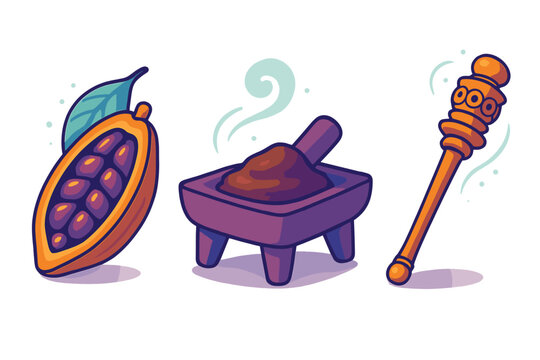 Cacao pod, metate grinder, cocoa paste, and molinillo whisk for traditional chocolate making