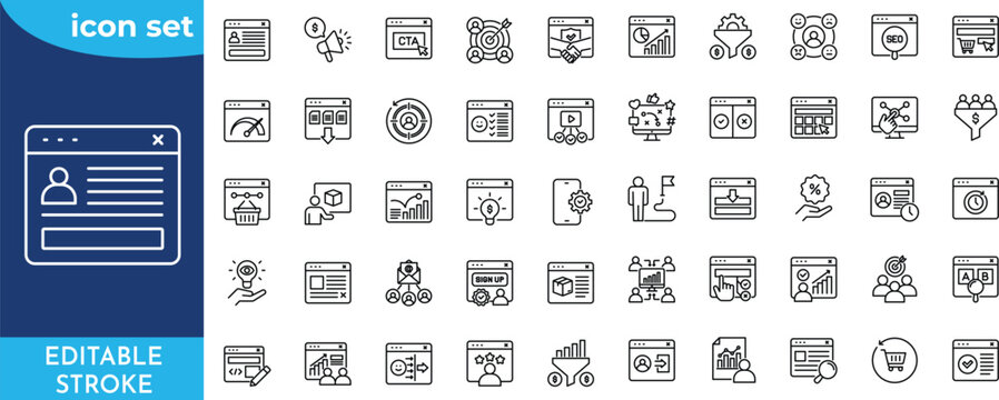Conversion rate icon set. Editable stroke. Containing target audience, customer behavior, analytics tools, split testing, traffic quality, user experience, bounce rate, and more.